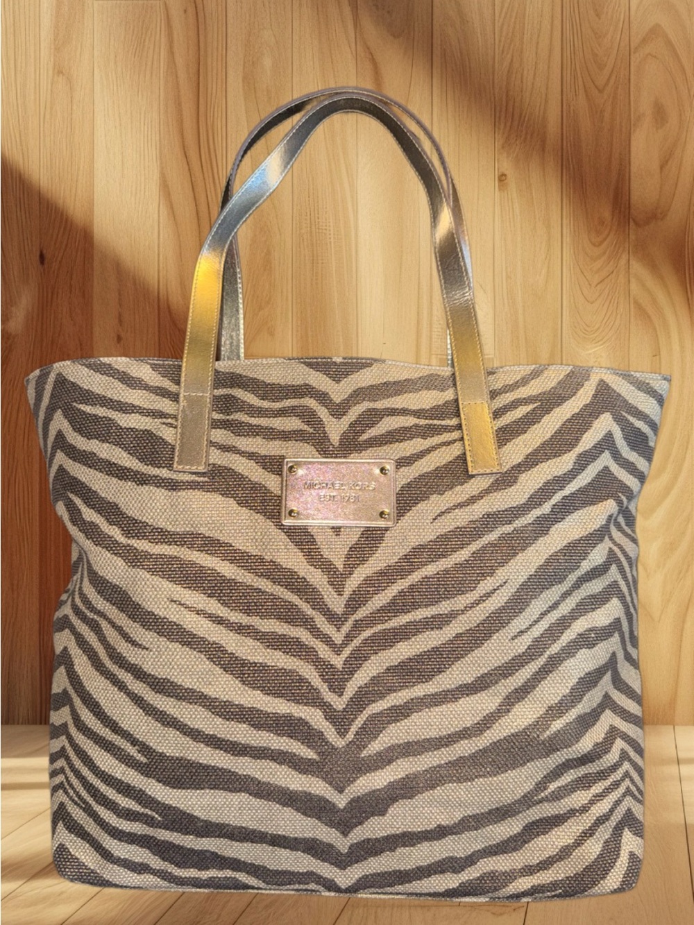 Michael Kors Zebra Print Canvas Tote Bag Gold Metallic Straps